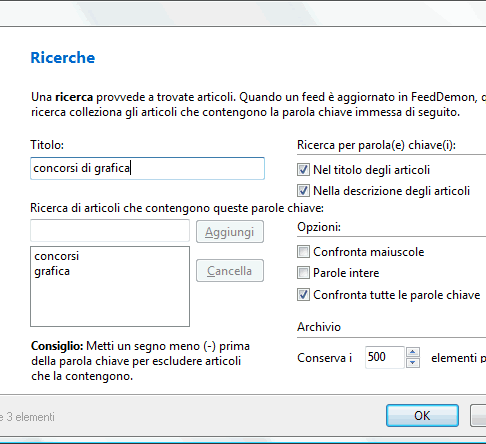 impostare una ricerca di parole nei feed