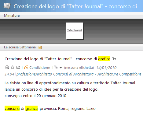 ricerca di parole evidenziate nel testo del feed